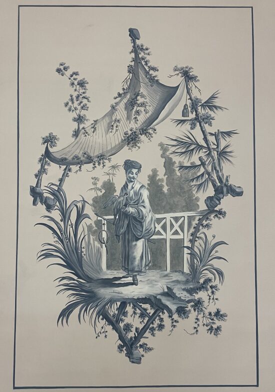 Chinoiserie XVIIe siècle d'après une gravure de Jean Pillement - technique à l'eau sur patine pastillée - toile 90*160
