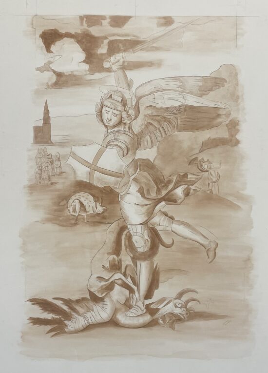 Grisaille technique à l'eau avant mise en couleur 180x110